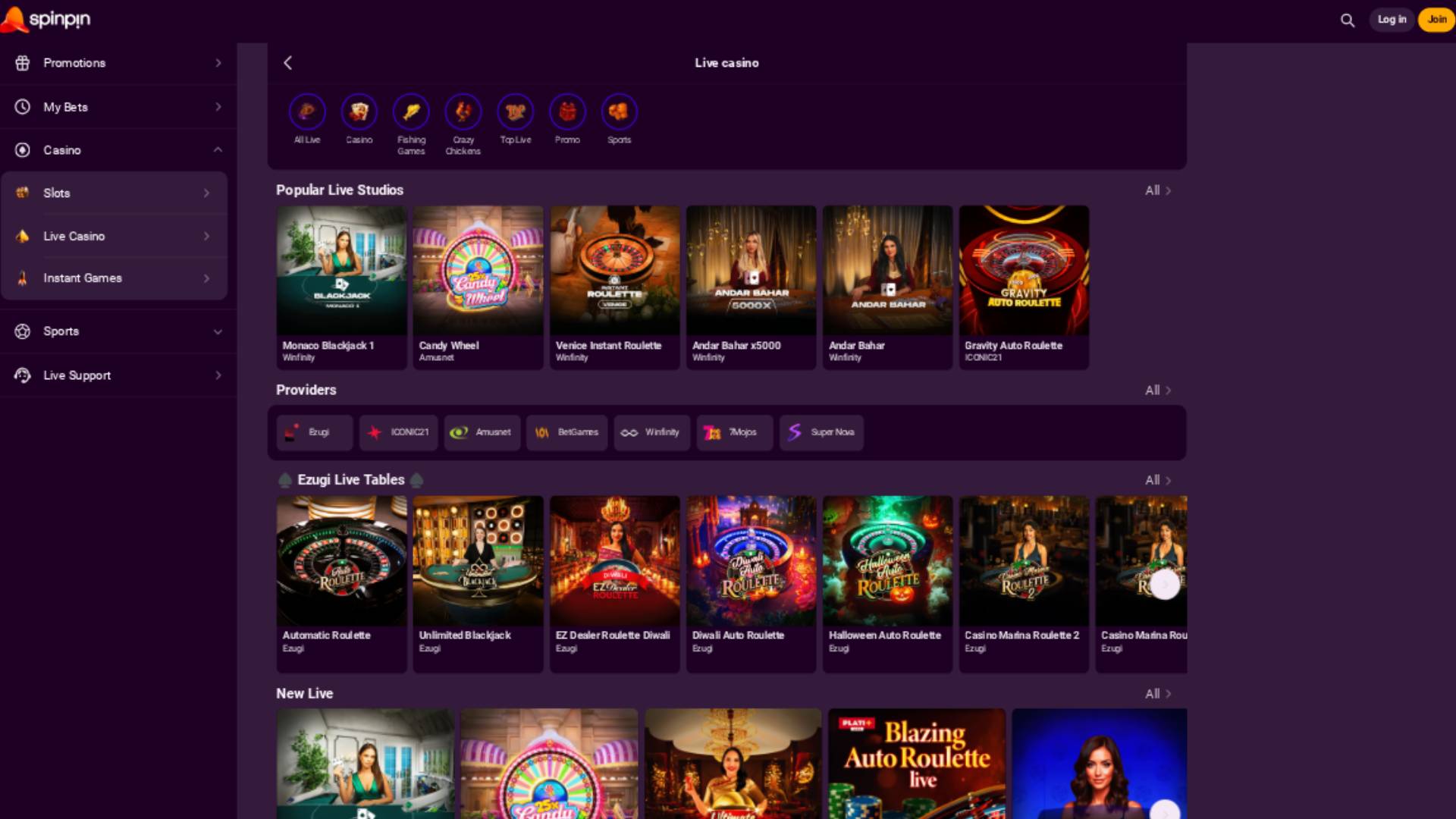 Live page screenshot of SpinPin Casino