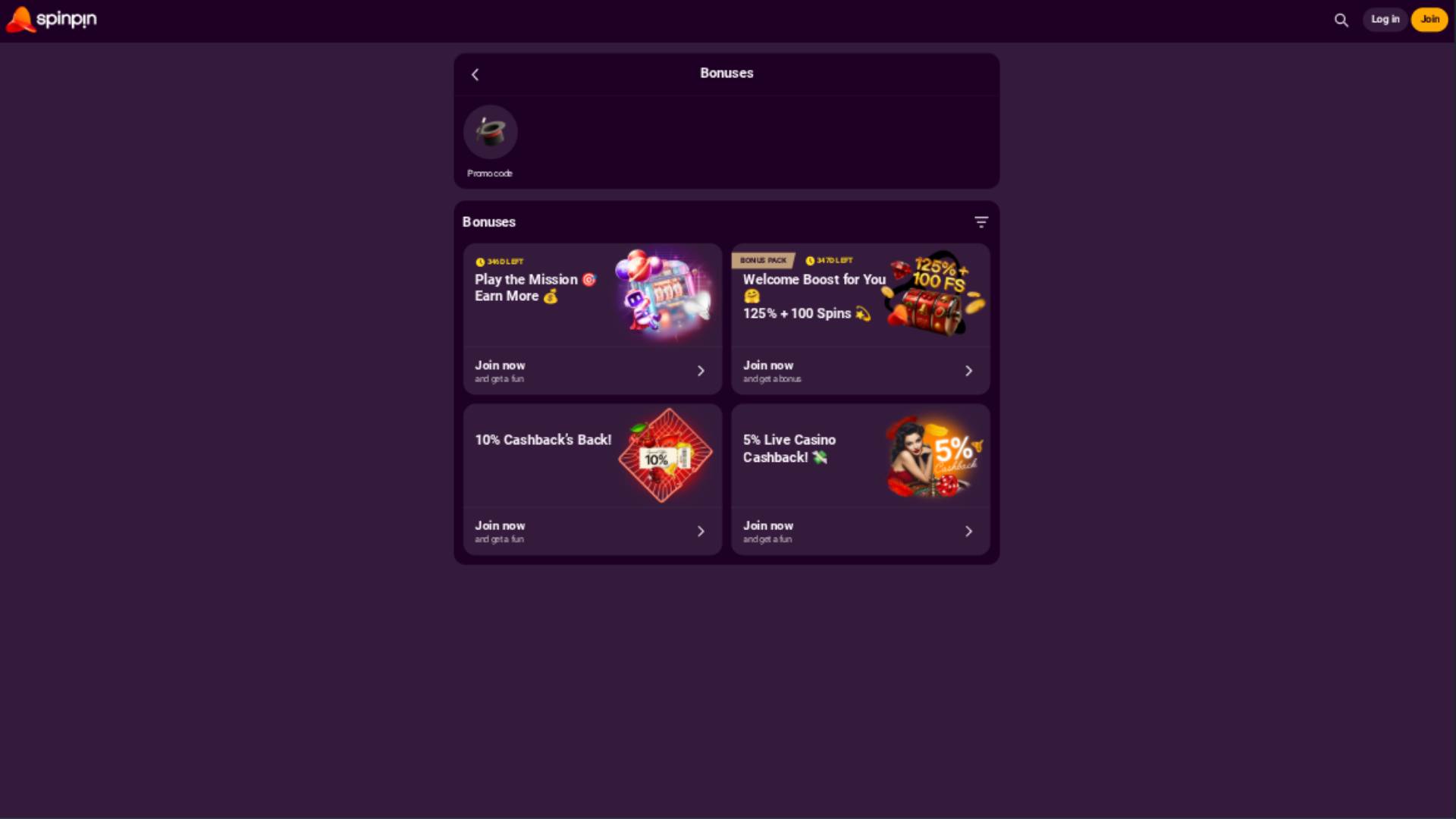 Promotions page screenshot of SpinPin Casino