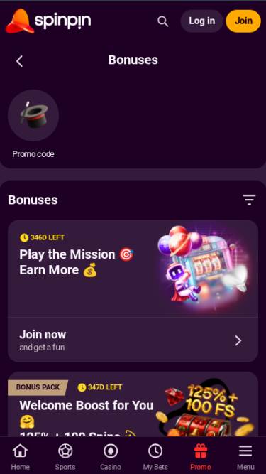 Promotions mobile page screenshot of SpinPin Casino