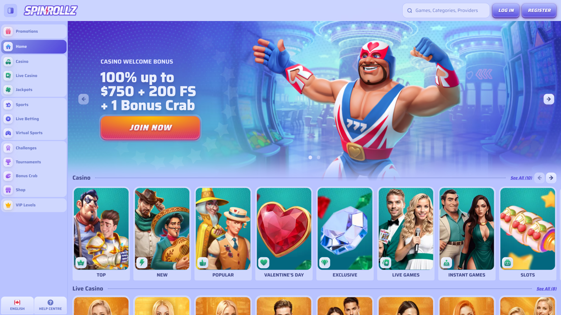 Page d'accueil du casino Spinrollz pour ordinateur