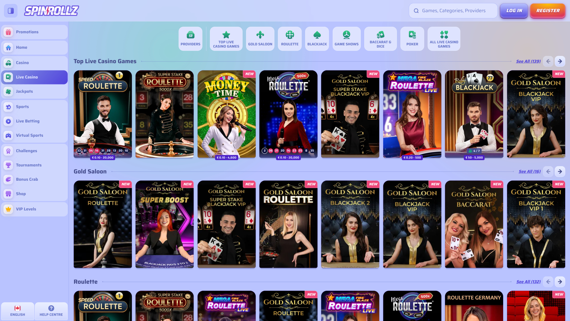 Casino Spinrollz pour ordinateur avec croupier en direct