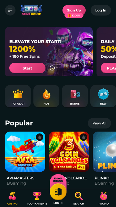 Página de inicio móvil del casino Spins House