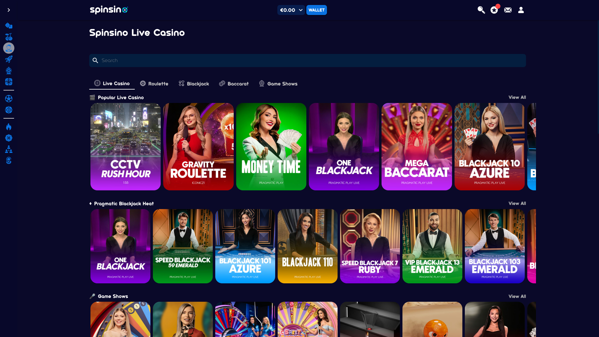 Spinsino Casino Escritorio con crupier en vivo