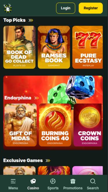 Screenshot della pagina mobile dei giochi di SpinStag Casino