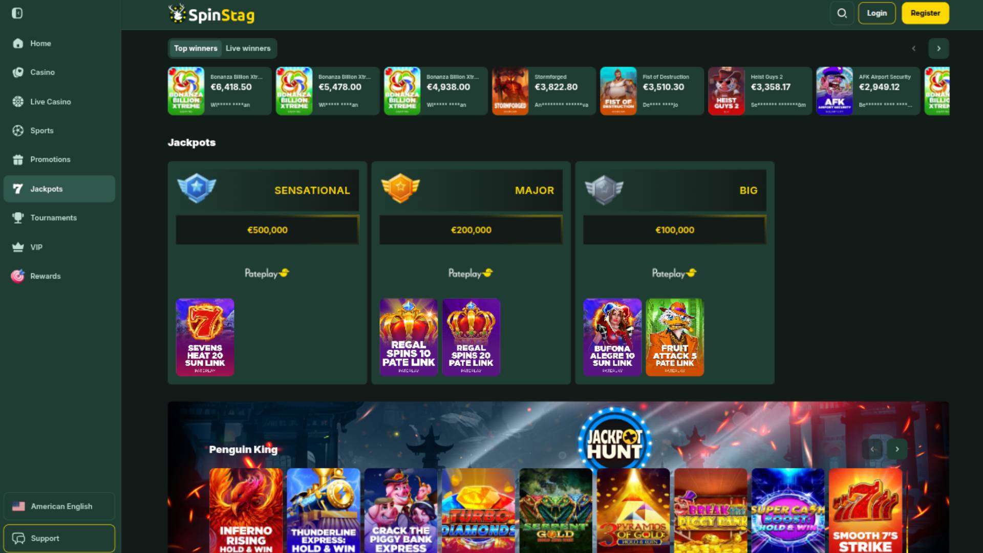 Screenshot della pagina dei jackpot del casinò SpinStag