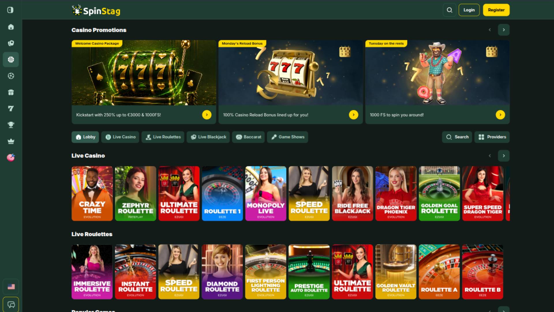 Screenshot in diretta della pagina di SpinStag Casino
