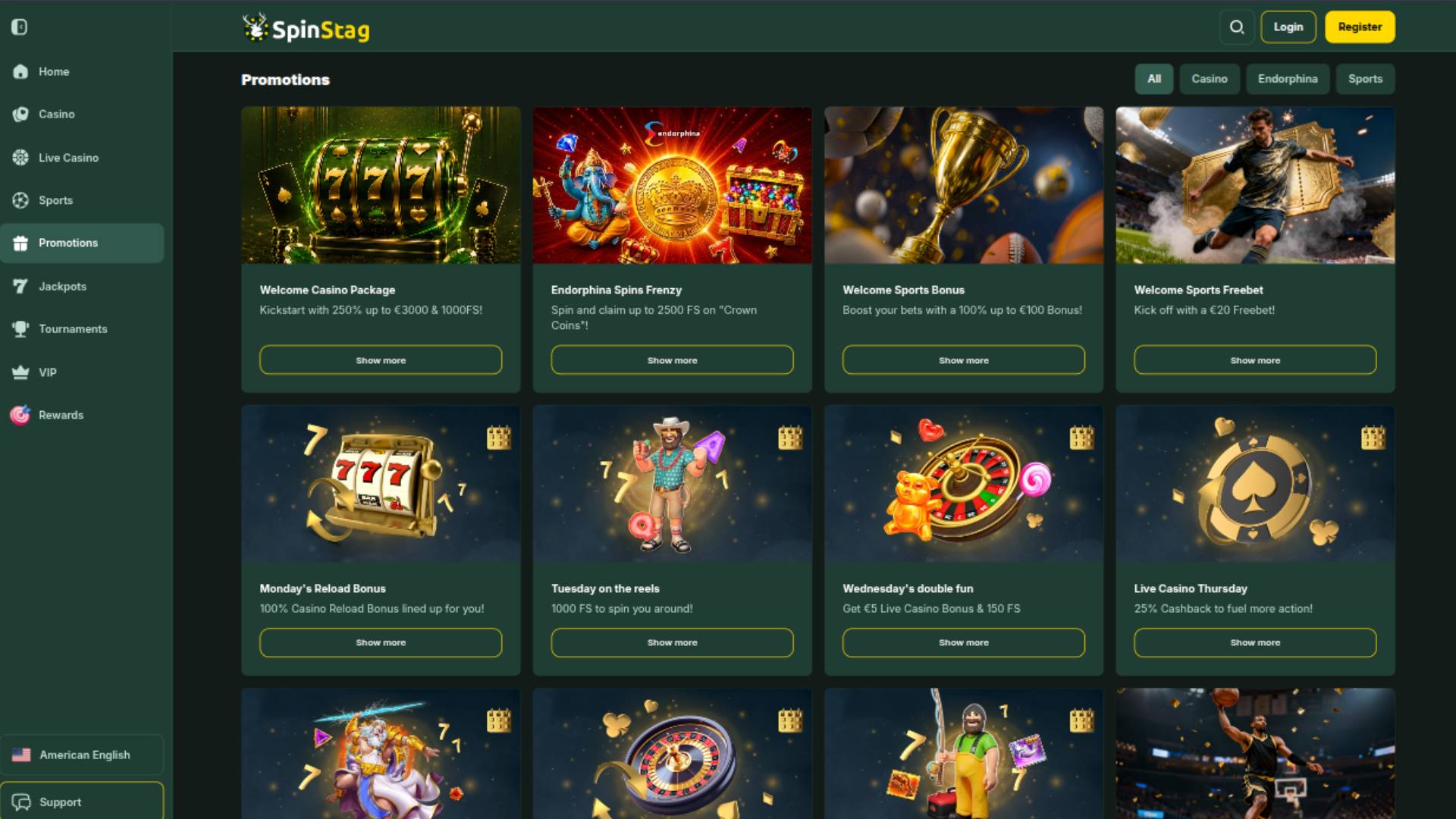 Screenshot della pagina delle promozioni di SpinStag Casino