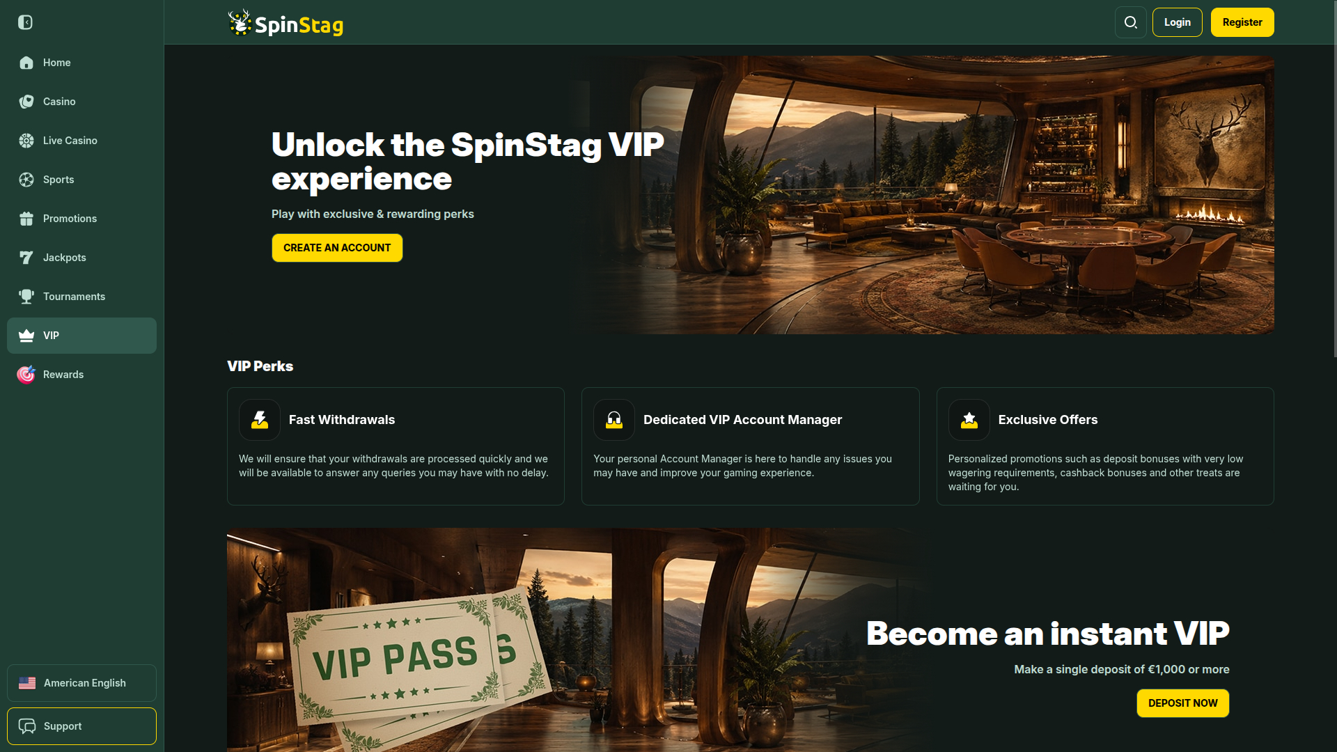 Screenshot della pagina VIP di SpinStag Casino