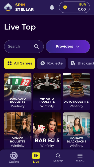 Casino mobile Spinstellar avec croupier en direct