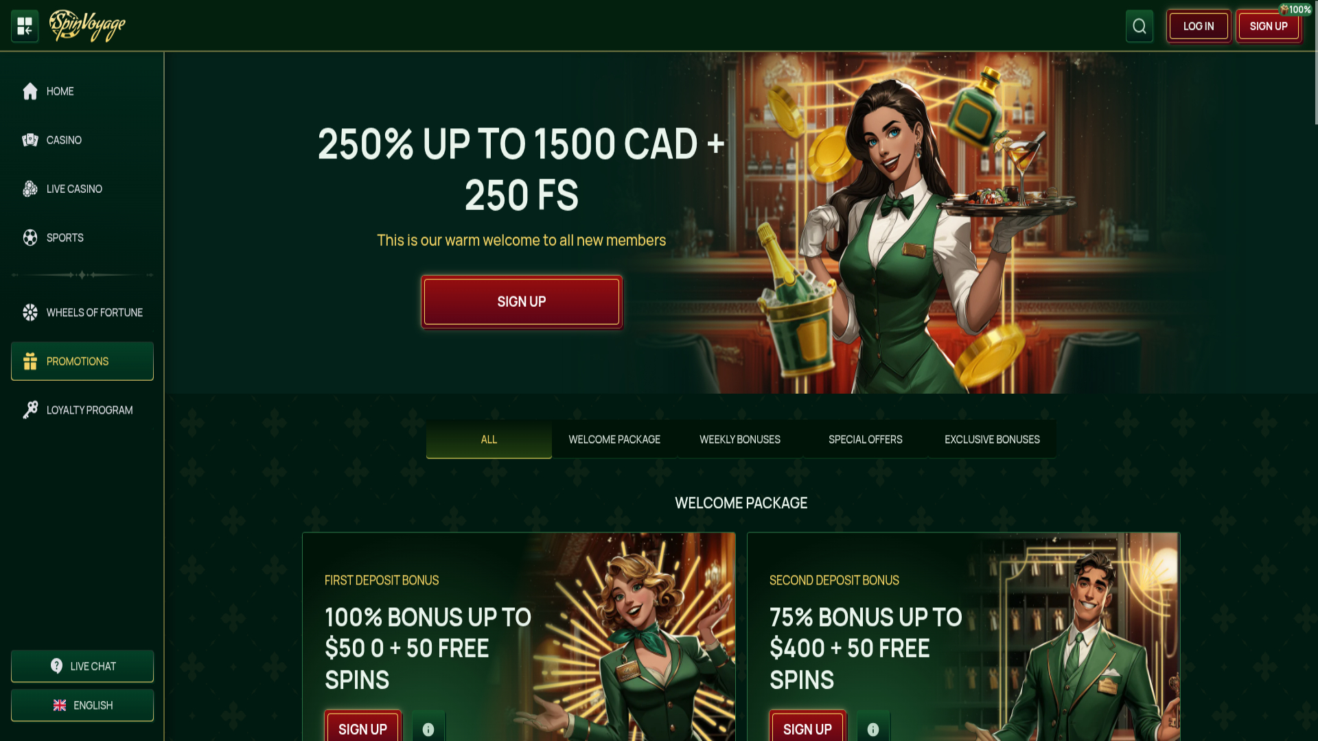 Capture d'écran des promotions du casino SpinVoyage pour ordinateur de bureau