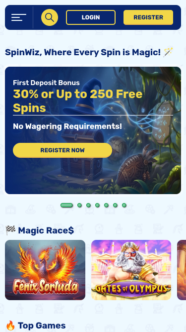 Мобильная домашняя страница казино Spinwiz