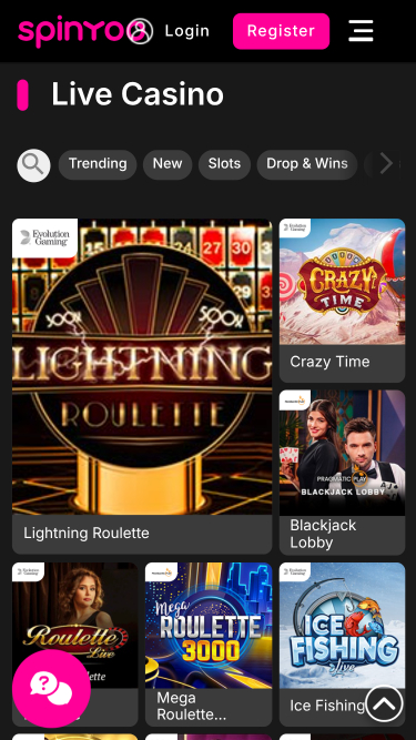 Casino mobile Spinyoo avec croupier en direct