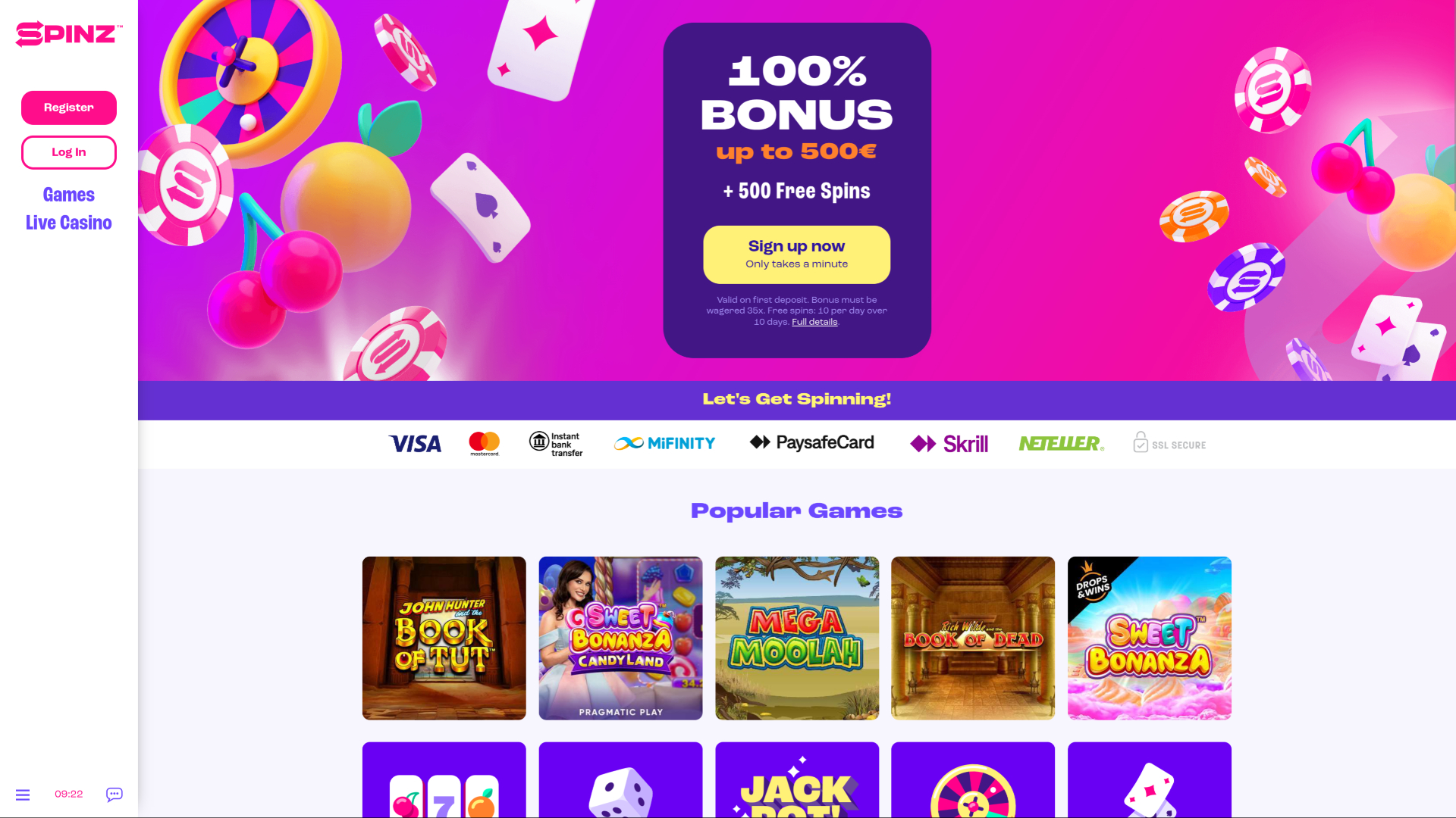 Página de inicio de Spinz Casino para escritorio