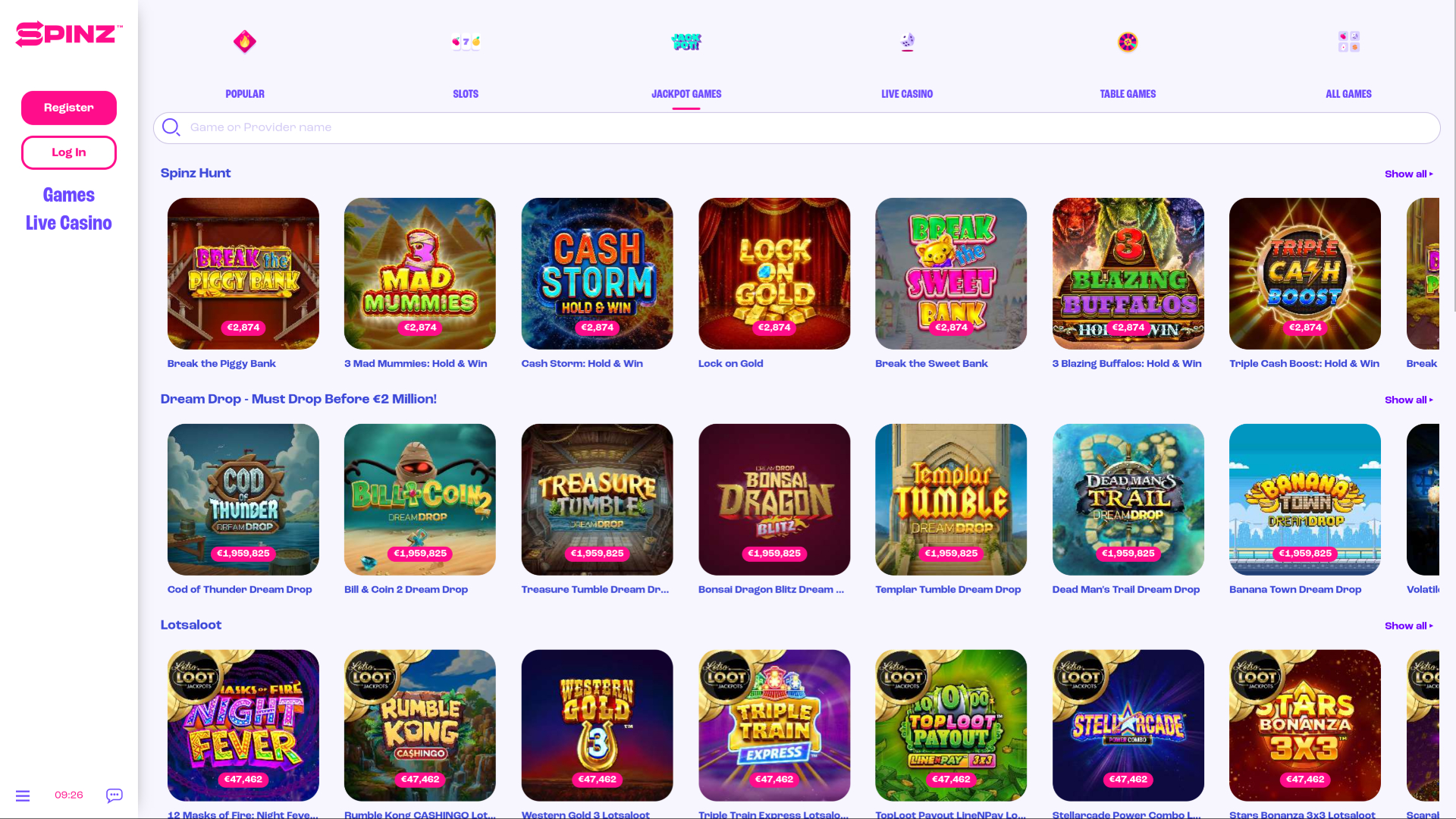 Jackpot de escritorio de Spinz Casino