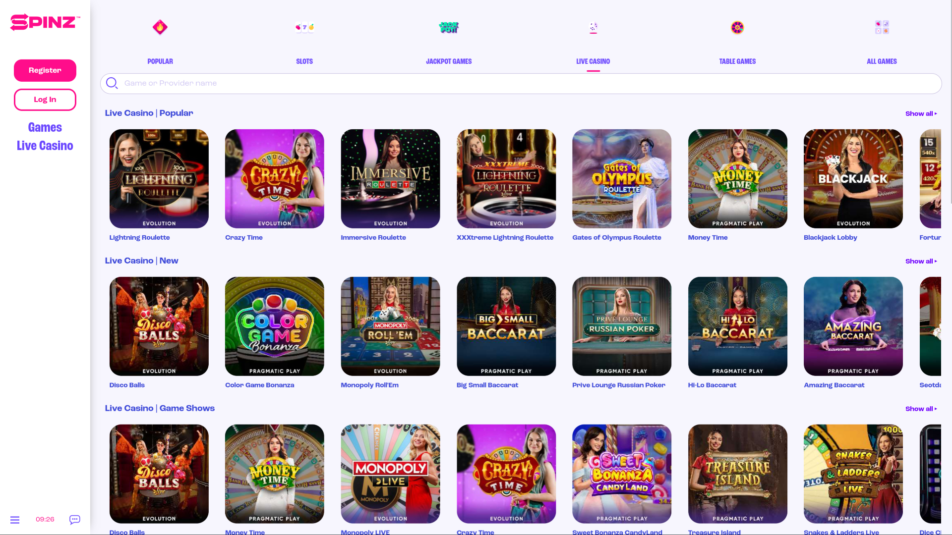 Casino Spinz para escritorio con crupier en vivo
