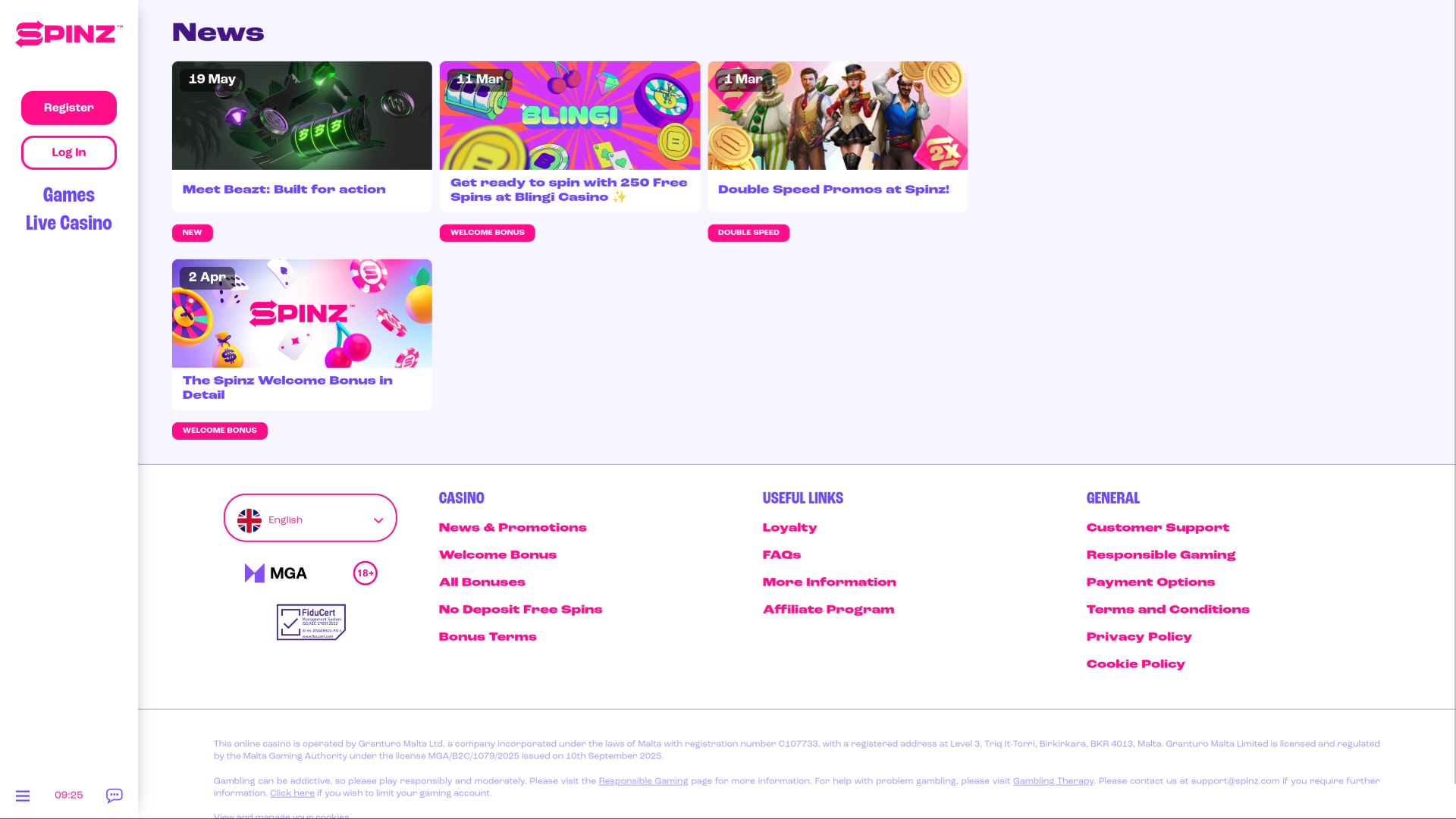 Promociones de Spinz Casino para ordenador