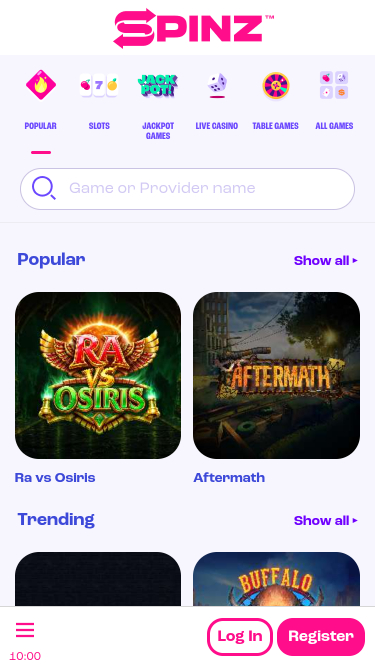Juegos móviles de Spinz Casino