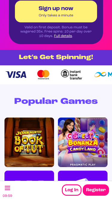 Página de inicio móvil del casino Spinz