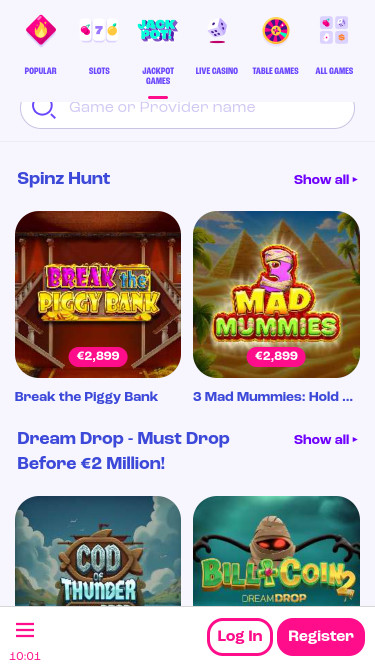 Jackpot móvil del casino Spinz