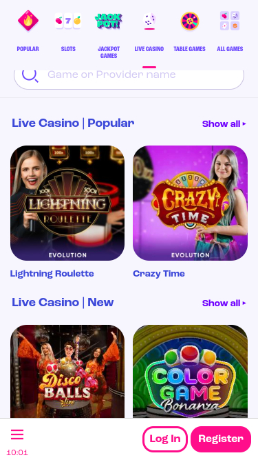 Casino móvil con crupier en vivo de Spinz