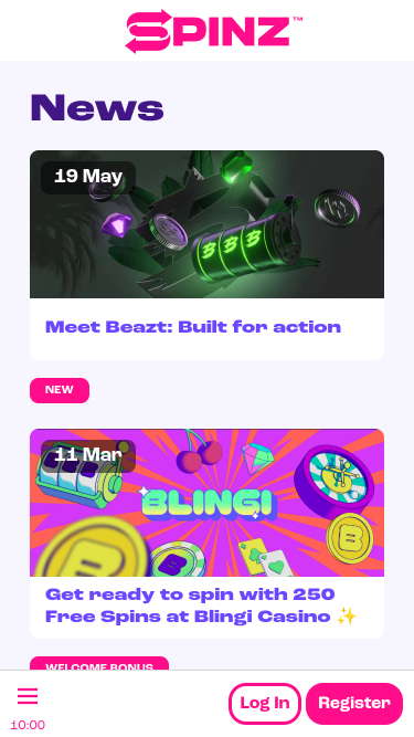 Promociones móviles de Spinz Casino