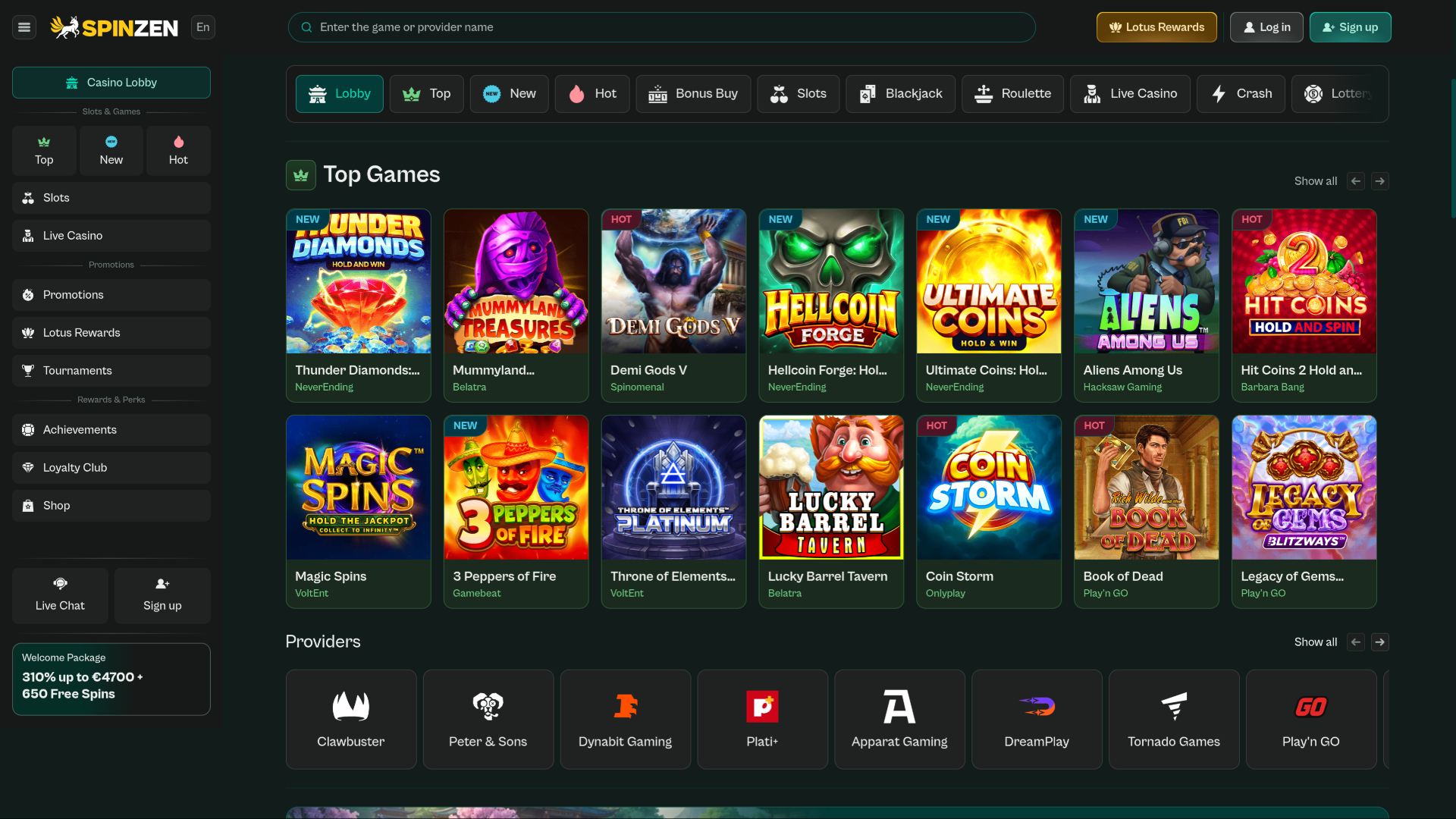 Page d'accueil de Spinzen Casino pour ordinateur