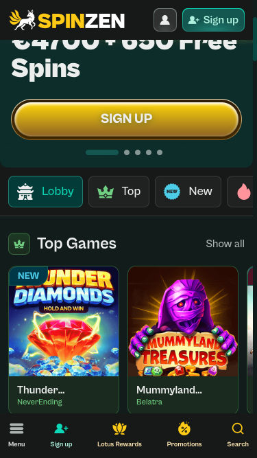 Page d'accueil mobile du casino Spinzen