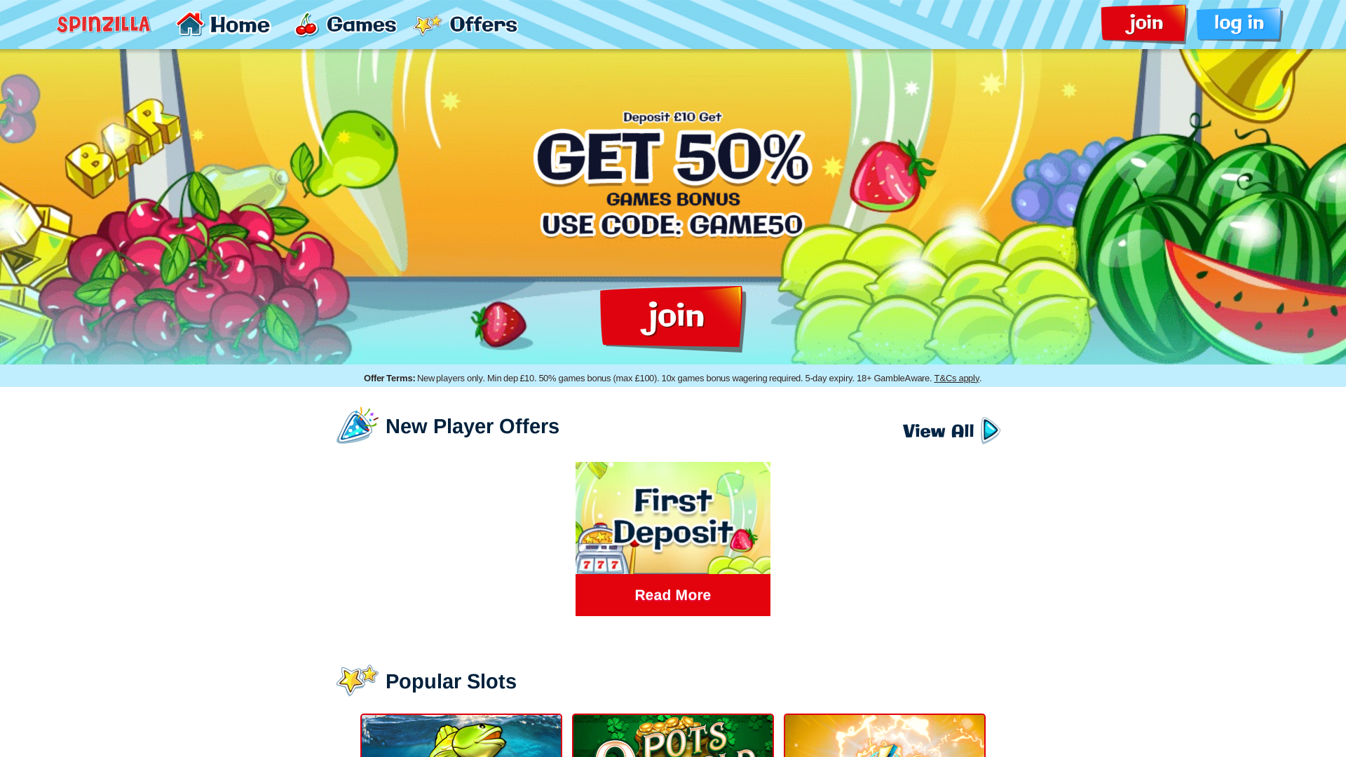 Página de inicio de Spinzilla Casino para escritorio