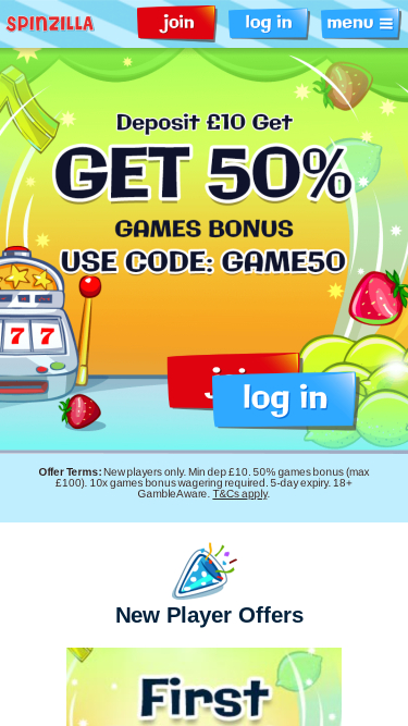 Página de inicio móvil del casino Spinzilla