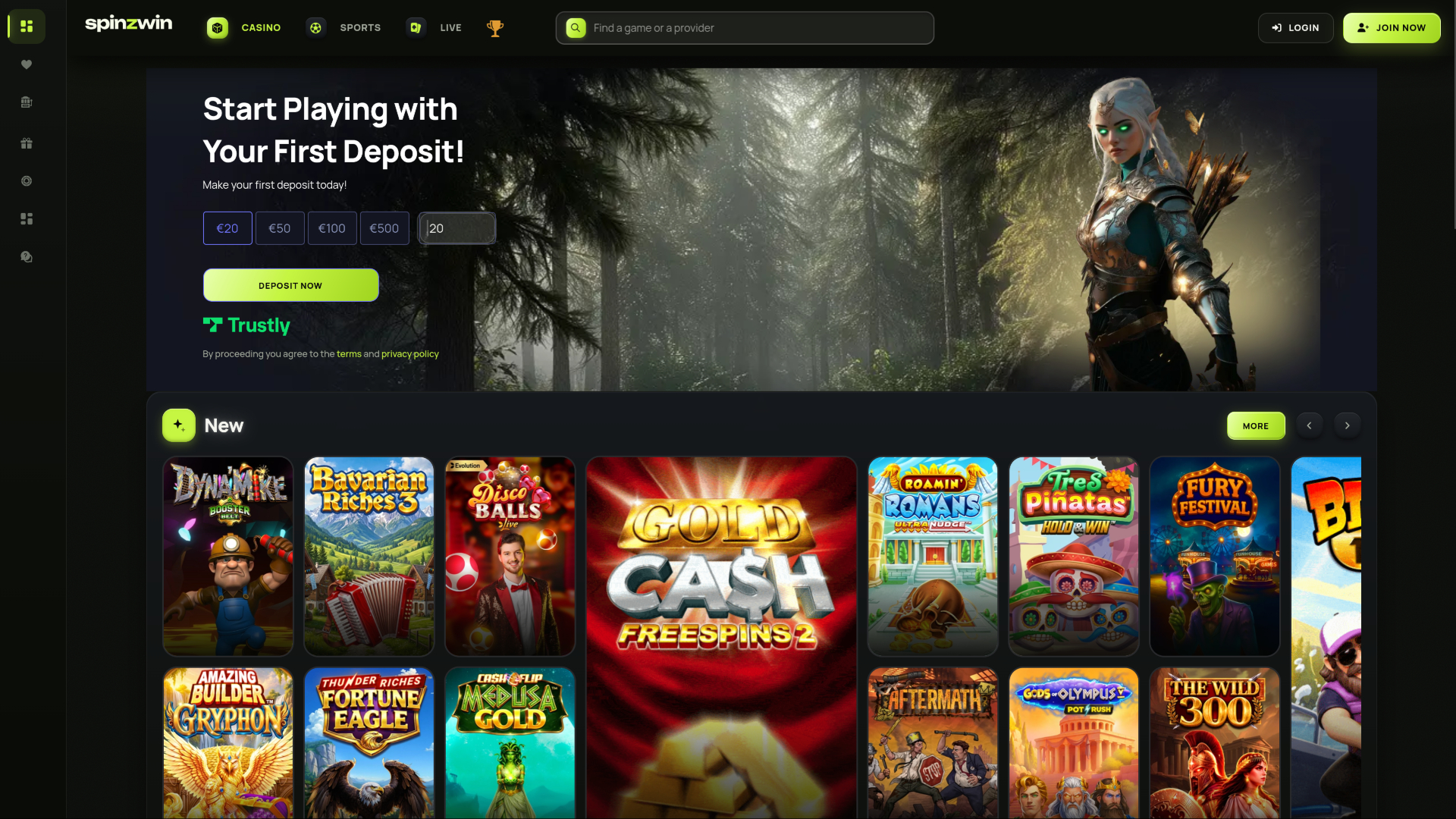 SpinzWin Casino Desktop Homepage