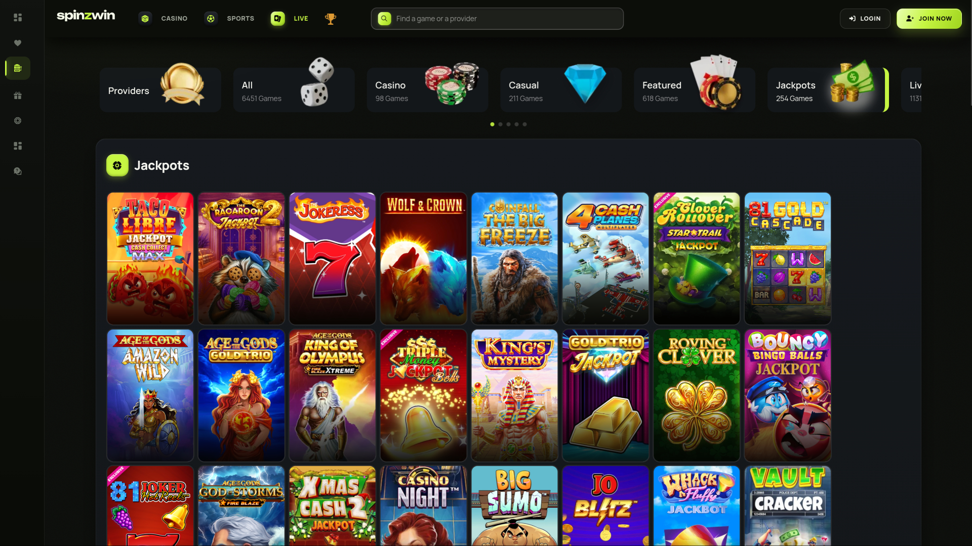 SpinzWin Casino Desktop Jackpot