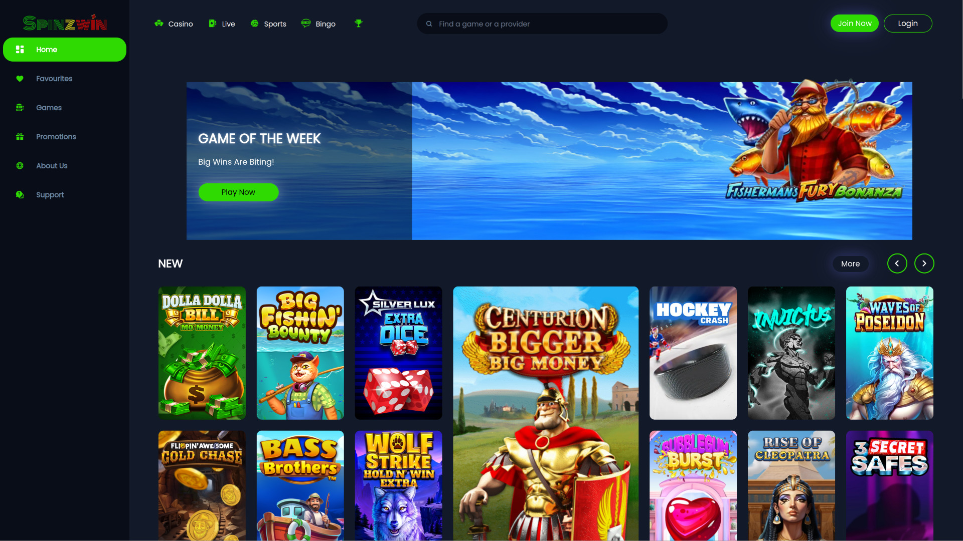 Page d’accueil de SpinzWin Casino sur ordinateur