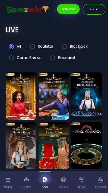 Croupier en direct de SpinzWin Casino sur mobile