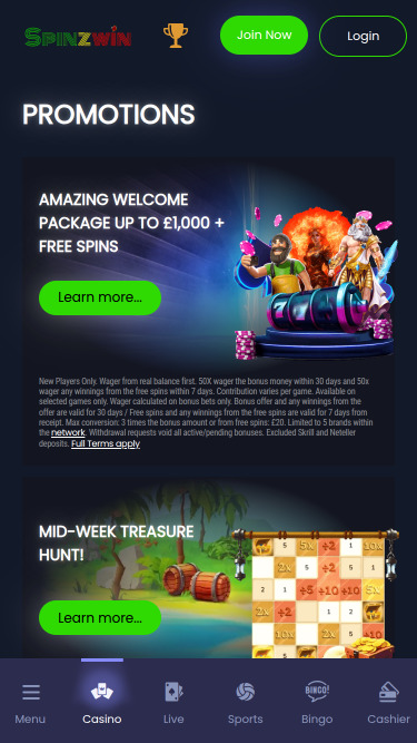 Promotions de SpinzWin Casino sur mobile