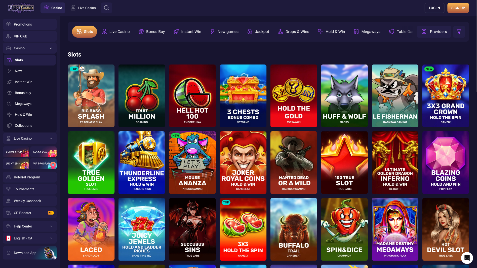 Jeux de casino Spirit sur ordinateur