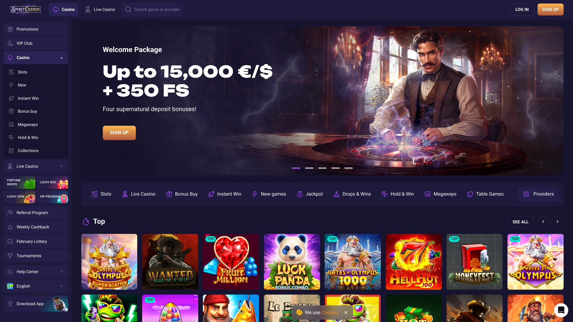 Page d'accueil de Spirit Casino pour ordinateur