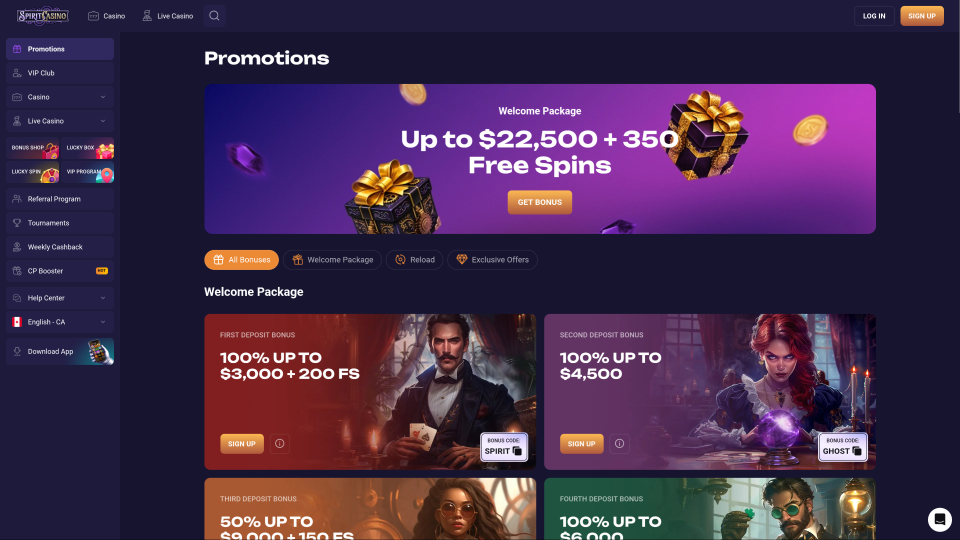 Promotions Spirit Casino sur ordinateur