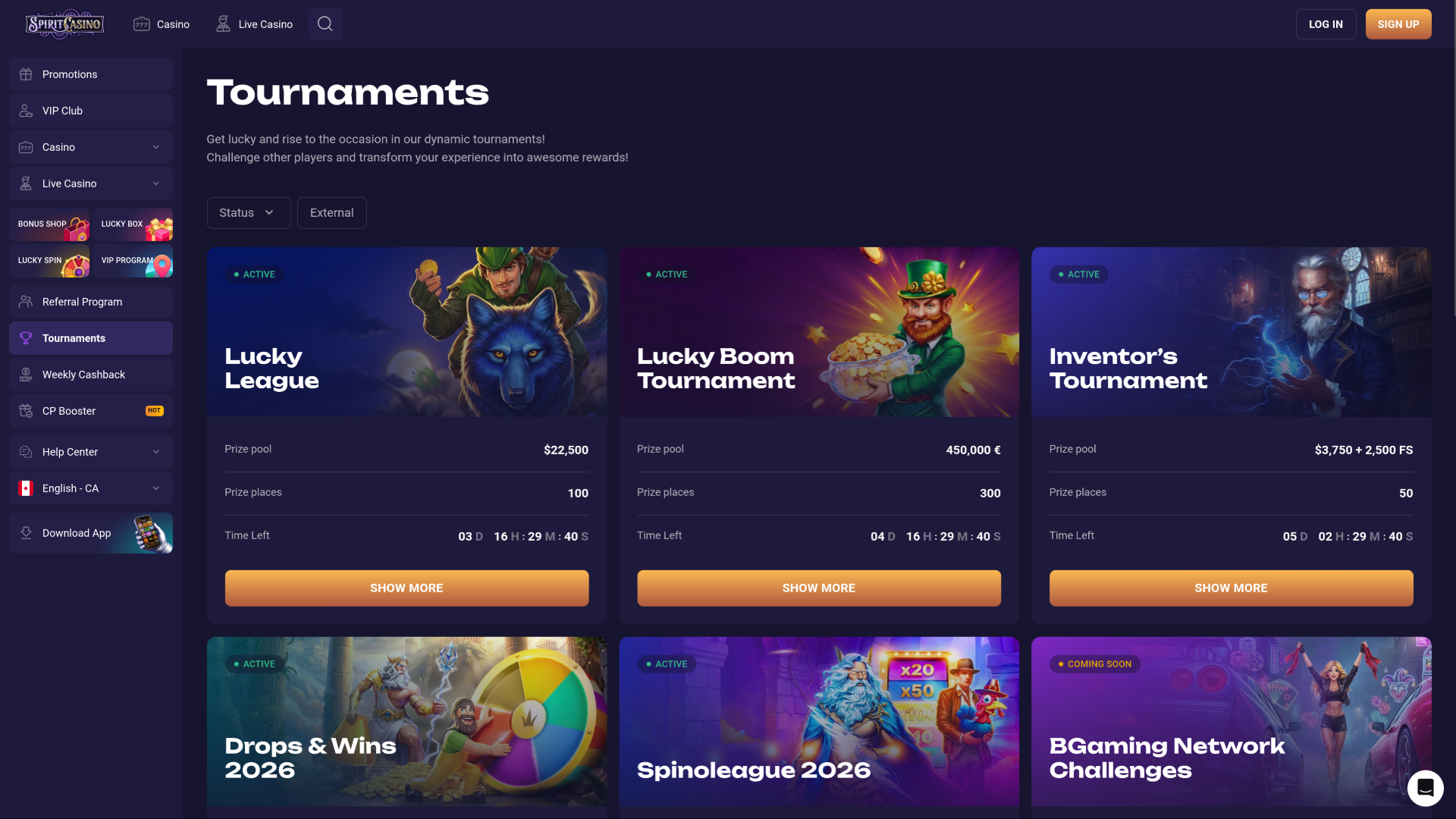Tournois de casino Spirit sur ordinateur