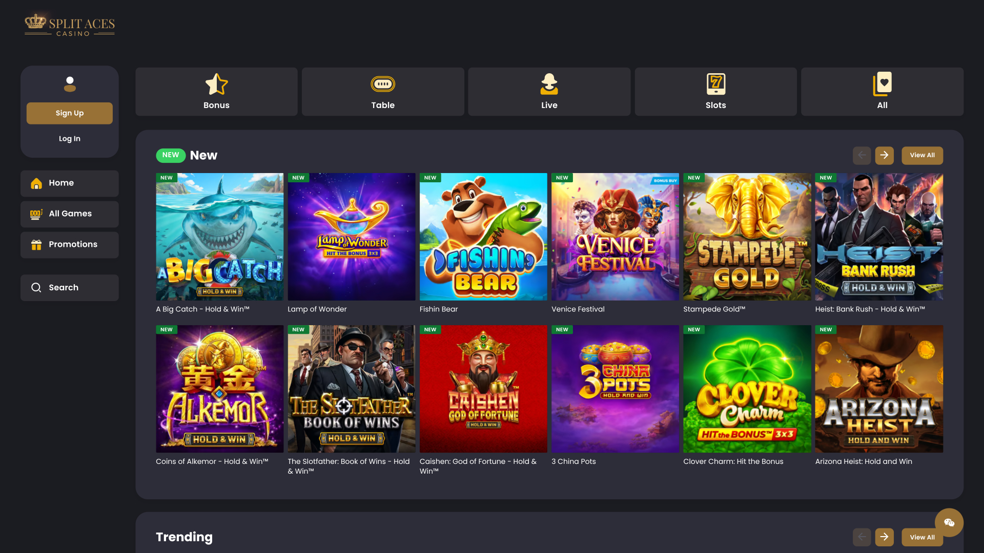 Page d'accueil du casino Split Aces pour ordinateur