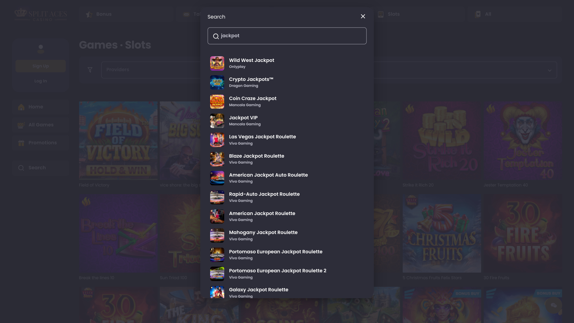 Jackpot de bureau du casino Split Aces