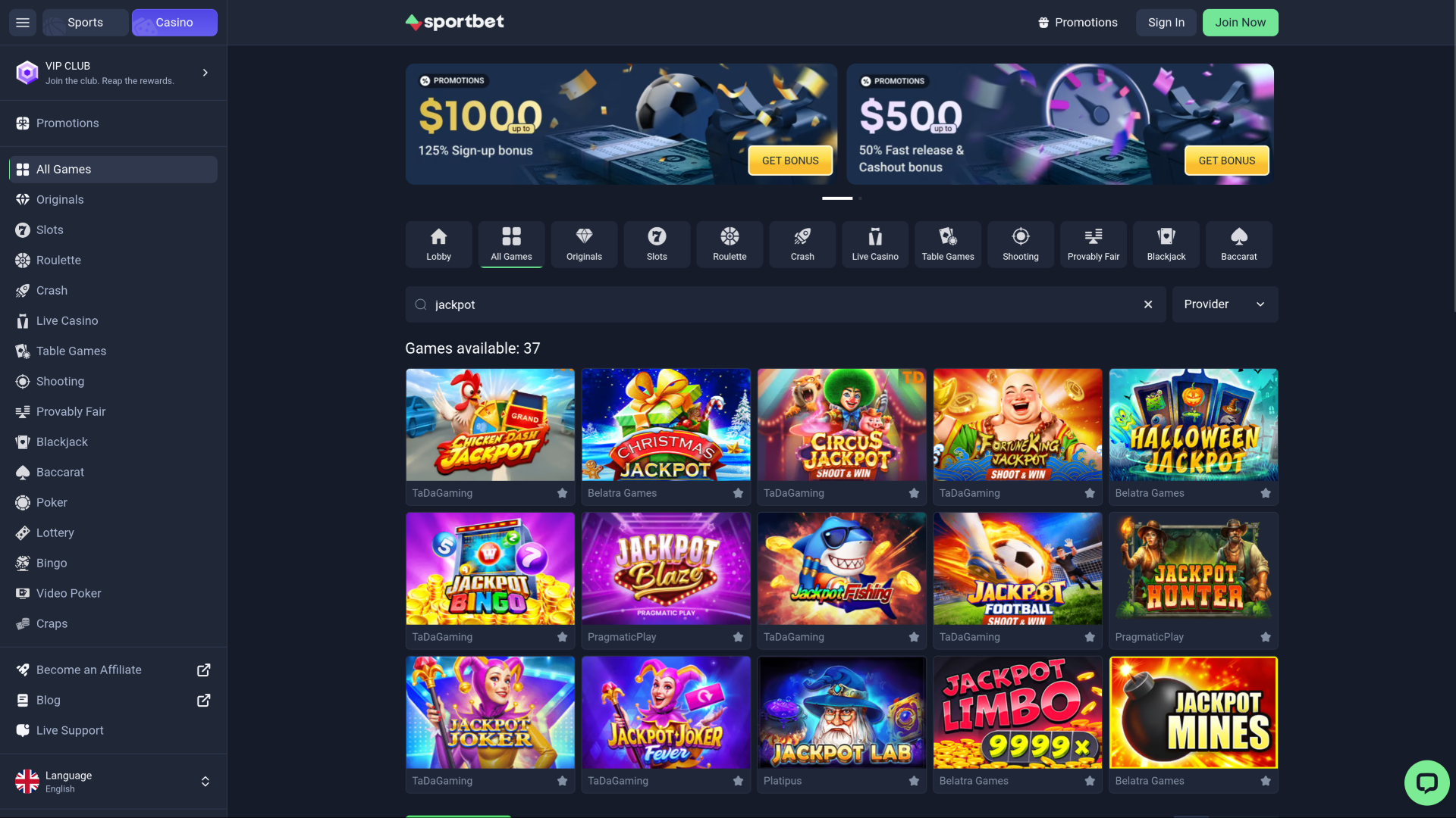 Jackpot du casino Sportbet sur ordinateur