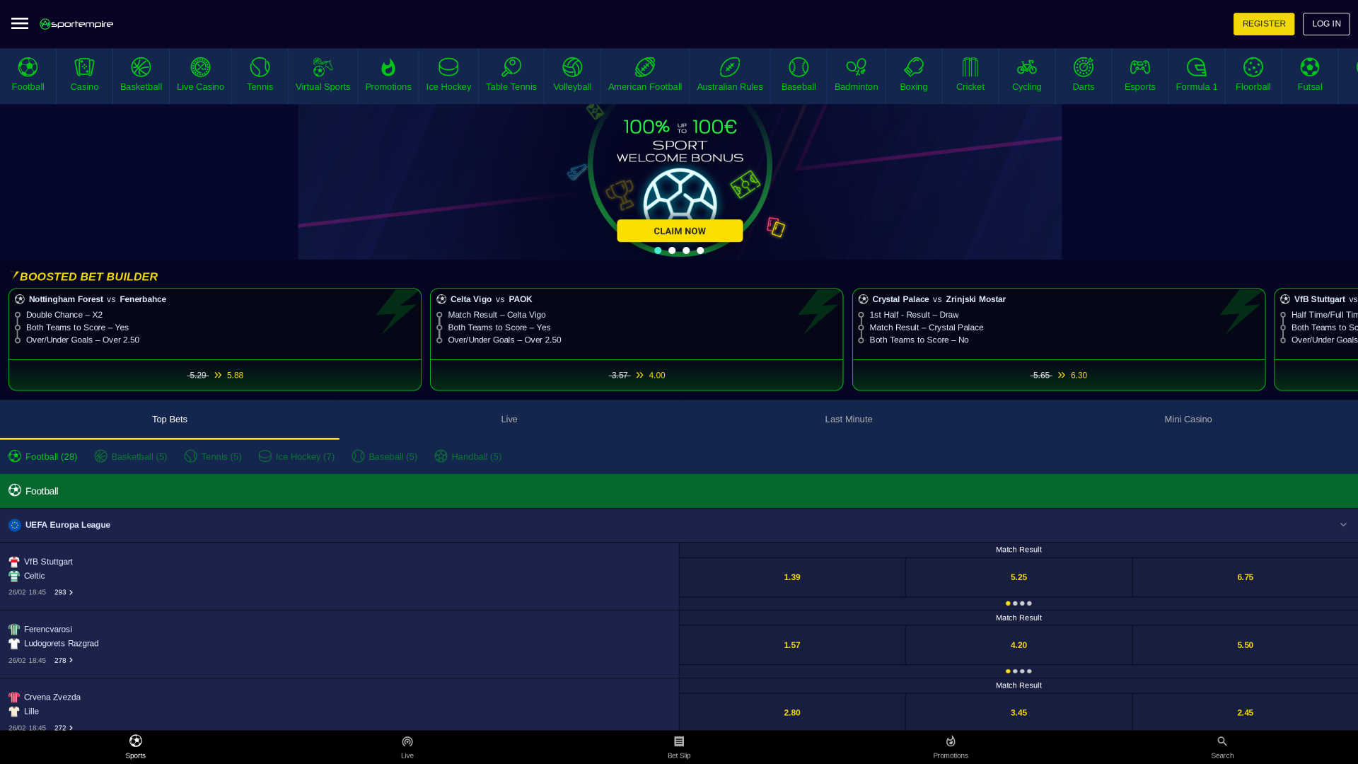 Page d'accueil du casino SportEmpire pour ordinateur