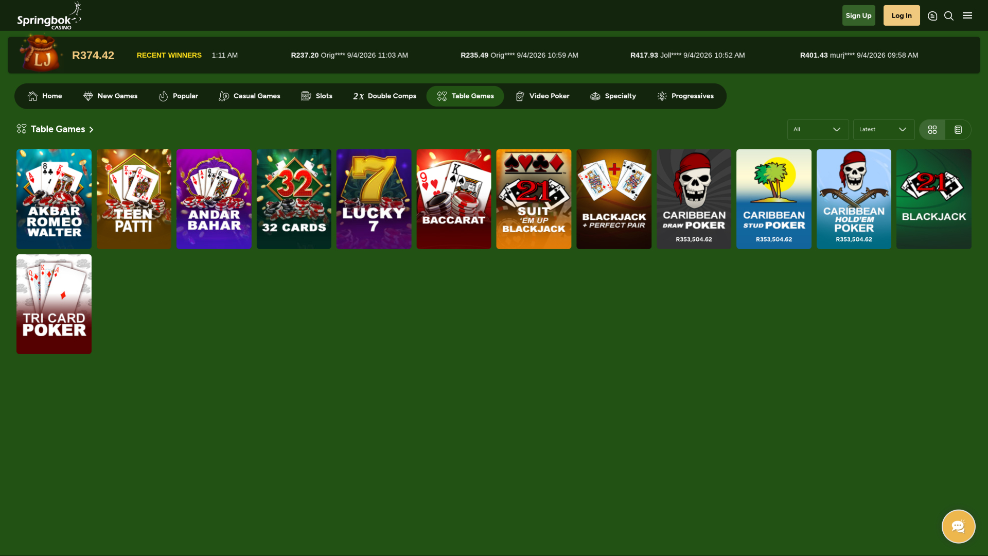 Jogos de mesa para computador do Springbok Casino