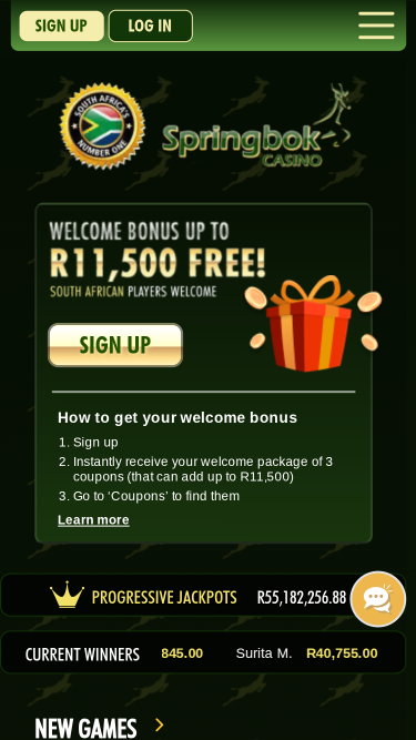 Página inicial do Springbok Casino para dispositivos móveis