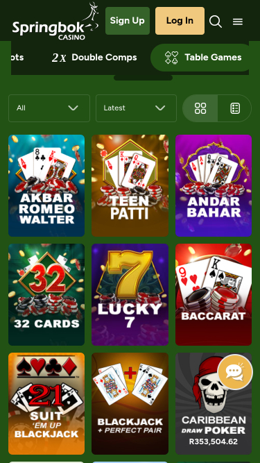 Jogos de mesa para celular do Springbok Casino