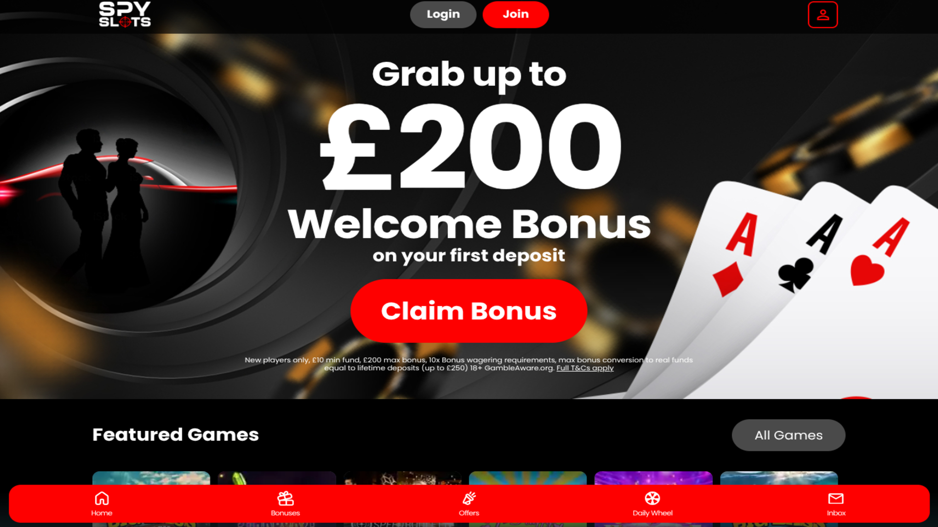 Página de inicio de Spy Slots para escritorio