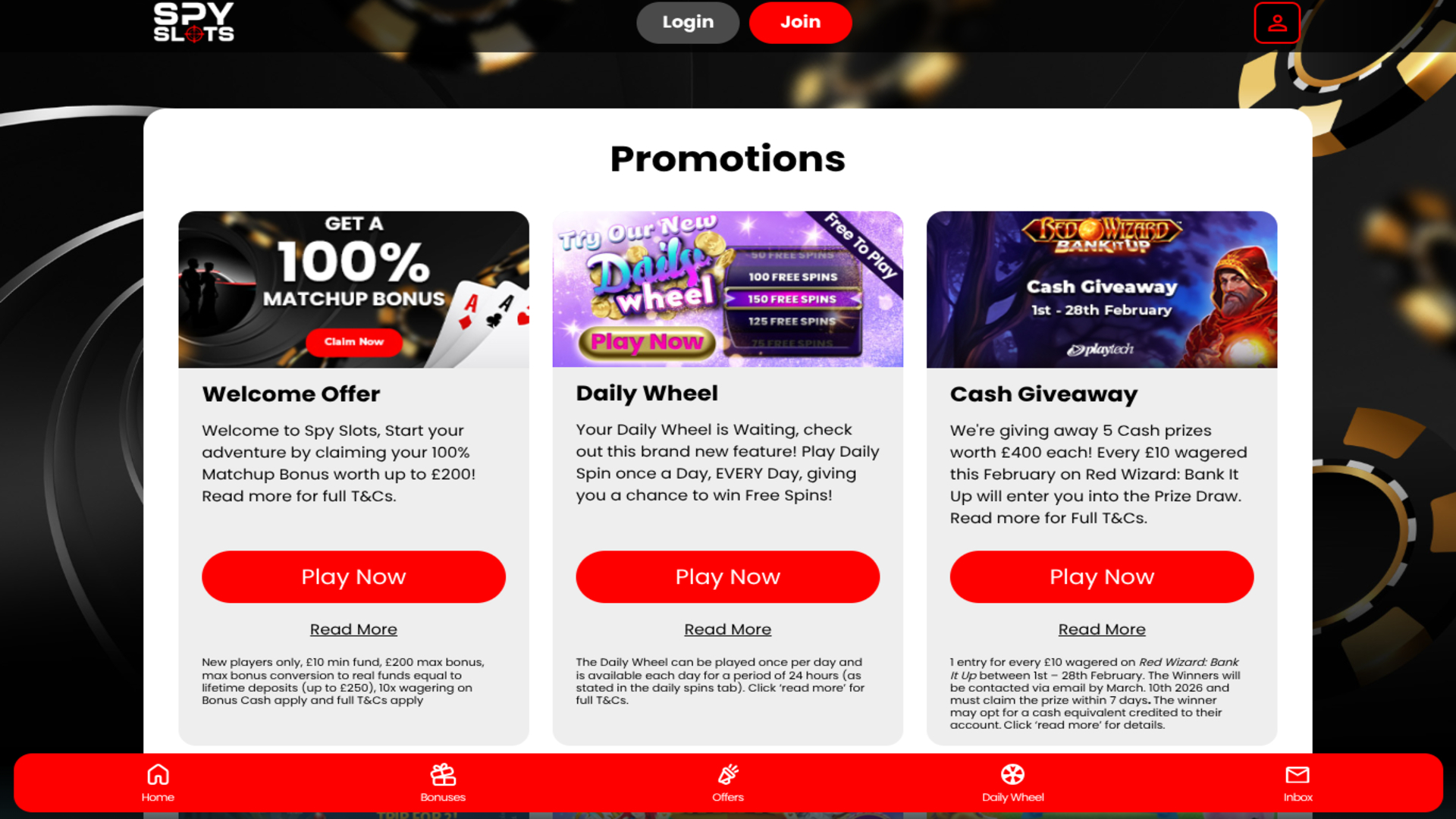 Promociones de Spy Slots para escritorio