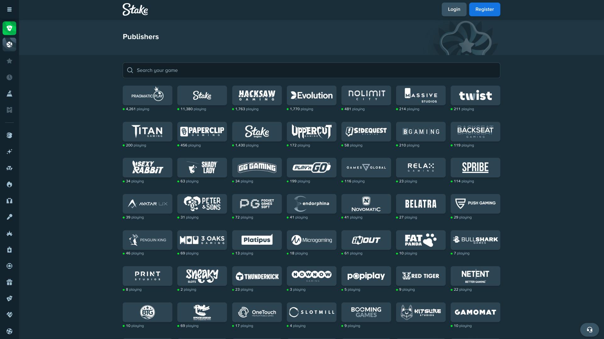 Stake Casino game developers page