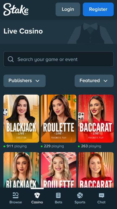 Stake Casino live dealer mobile page