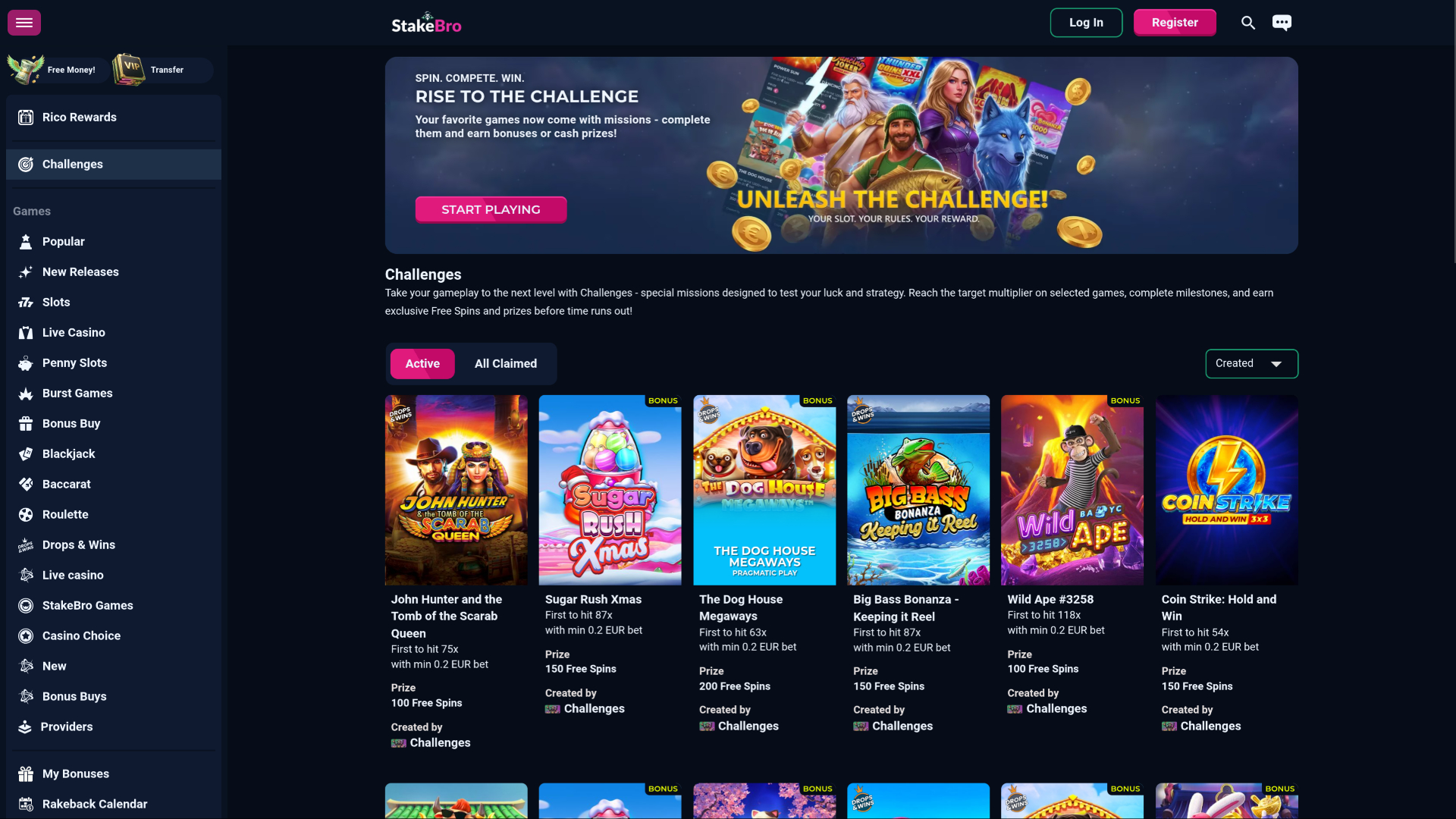 Défis du casino Stakebro sur ordinateur